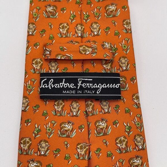 SALVATORE FERRAGAMO Tie Men's Orange ORN Cow All Over Pattern Made in Italy - Picture 3 of 9